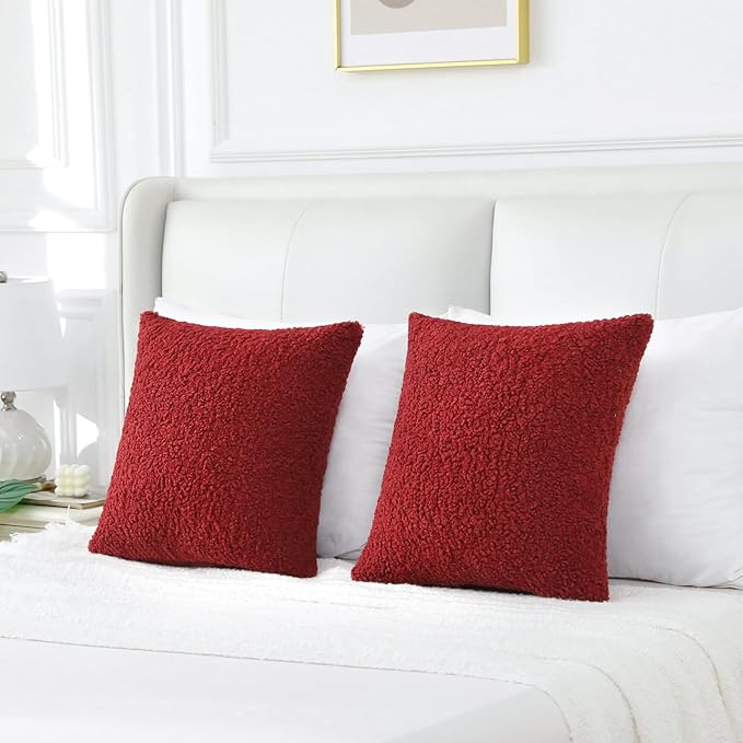 FUTEI Christmas Maroon Red Throw Pillow Covers 26x26 Inch Set of 2,Furry Faux Fur Teddy Boucle Textured Cushion Covers,Soft Fluffy Decorative Euro Pillow Shams,Home Decor for Couch Bed Living Room Car