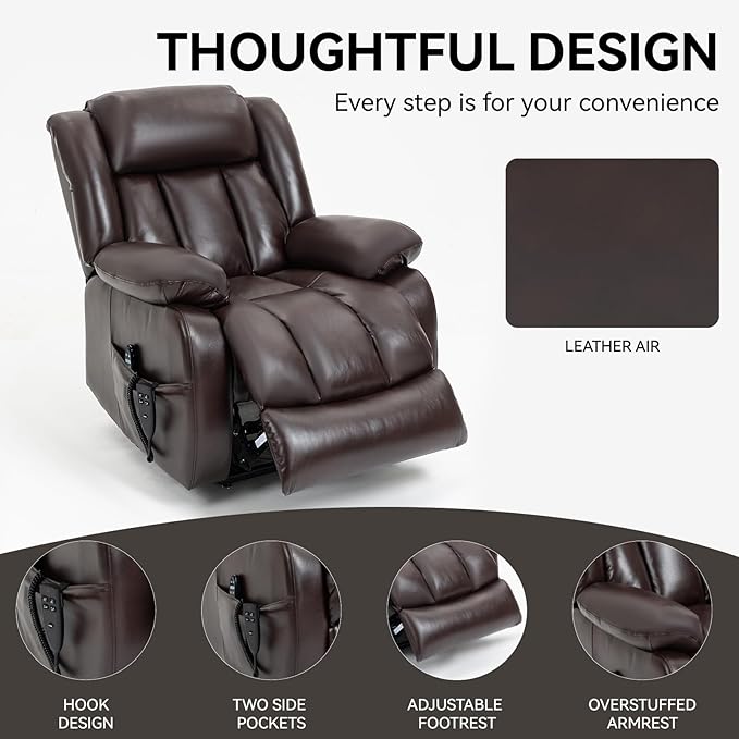 Luxlen Electric Power Lift Recliner Chair with Vibration Massage and Heat, Faux Leather Reclining Chairs for Elderly with Remote Controls, Side Pockets, Big and Tall Recliner, Brown