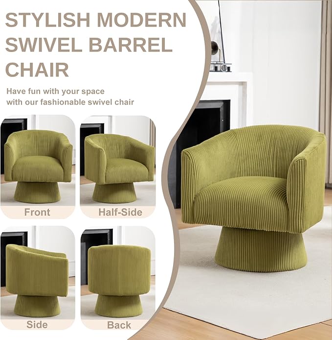 Swivel Accent Chair, Modern 360° Swivel Barrel Chair, Corduroy Upholstered Single Sofa for Living Room, Bedroom(Mint Green)
