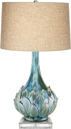 Possini Euro Design Kenya Modern Tropical Table Lamp with Riser 31" Tall Blue Green Ceramic Beige Linen Drum Shade for Living Room Bedroom House Bedside Home Office Entryway (Color May Vary)