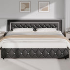 BarnFurin King Bed Frame with Diamond Tufted Headboard, Faux Leather Upholstered Bed with Wooden Slats Support, No Box Spring Needed, Mattress Foundation, Easy Assembly, Gray