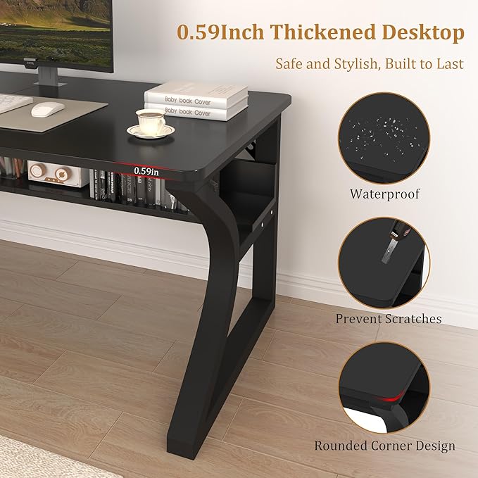 StarGraph Computer Desk 55'' Large Home Office Desk with Sturdy Metal Frame U Shaped Modern Computer Desks with Storage Study Writing Office Work from Home Desks (Black, 55 inch)