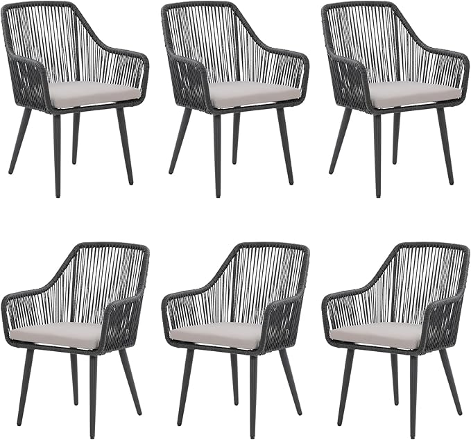 JOIVI Outdoor Dining Chairs Set of 6, 6 Pieces Woven Rope Patio Chairs with Armrest and Seat Cushions for Outside Porch, Balcony or Indoor Dining Kitchen, Restaurant, Black