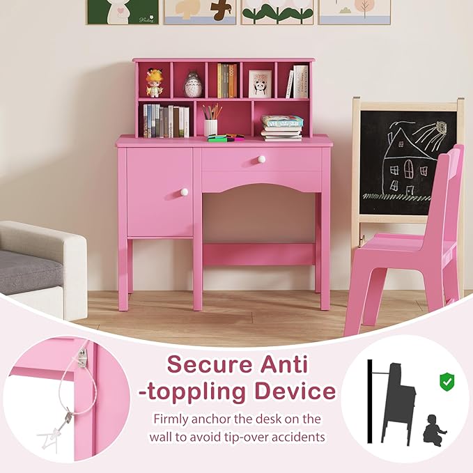 Costzon Kids Desk and Chair Set, Wooden Children Study Desk w/Hutch, Large Cabinet and Drawer for Home School Writing, Reading & Drawing, Computer Workstation Student Table and Chair for 3+ (Pink)