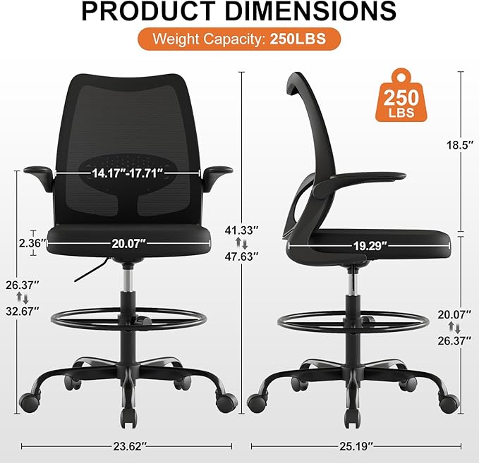 Tall Office Chair for Standing Desks,High Desk Drafting Chair with Adjustable Footrest Ring,Ergonomic Lumbar Support,Flip-Up Armrests for Home Office,Black