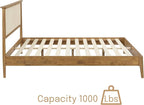 NTC Ruby Wooden Bed Frame with Headboard and Natural Rattan, Solid Oak Foundation with Silent Slats, 1000 Lb Capacity, Effortless Assembly, King - Teak Look
