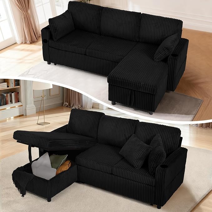 84" Corduroy Pull Out Sofa Bed w/Adjustable Backrests, Sectional L-Shape Sleeper Sofa w/Storage Chaise, Convertible Couch Bed w/USB Charging Port & Cup Holders for Living Room, House, Black