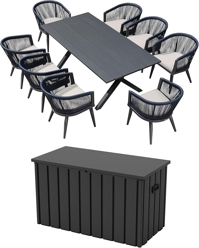 PURPLE LEAF Outdoor Dining Set for 8 with Gray Storage Box All-Weather 9 Pieces Patio Aluminium Dining Table and Rope Weave Chairs Included Cushions Patio Furniture Set Grey and Navy