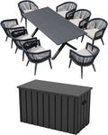 PURPLE LEAF Outdoor Dining Set for 8 with Gray Storage Box All-Weather 9 Pieces Patio Aluminium Dining Table and Rope Weave Chairs Included Cushions Patio Furniture Set Grey and Navy