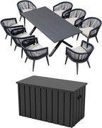 PURPLE LEAF Outdoor Dining Set for 8 with Gray Storage Box All-Weather 9 Pieces Patio Aluminium Dining Table and Rope Weave Chairs Included Cushions Patio Furniture Set Grey and Navy