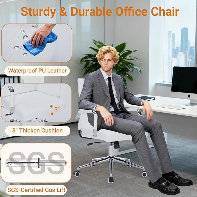 Sidanli Ergonomic Desk Chairs, Executive Swivel Faux Leather Mid Back Chair with Comfortable Lumbar Support and Smooth Rolling Wheels for Office, White