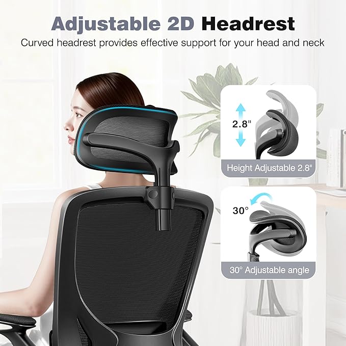 Ergonomic Office Chair, High Back Mesh Desk Chair with Lumbar Support, Flip-up Armrests, Adjustable Headrest, Computer Gaming Chairs for Long Hours, Black
