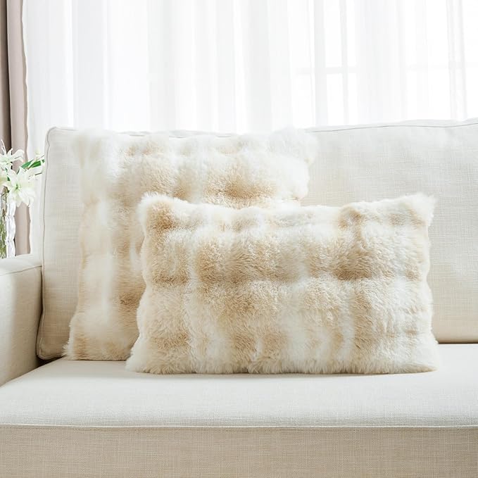 FUTEI Beige White Decorative Throw Pillow Covers 22x22 Inch Set of 2,Soft Fuzzy Faux Rabbit Fur Cushion Covers with Raised Texture,Neutral Boho Home Decor for Couch Bed Living Room