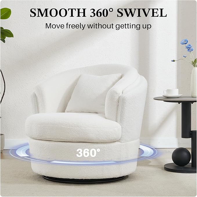 Swivel Accent Chair, 360 Degree Round Swivel Barrel Chair with Pillow, Widened Upholstered Boucle Chair Comfy Sherpa Barrel Armchair for Living Room Bedroom Reading Room, White