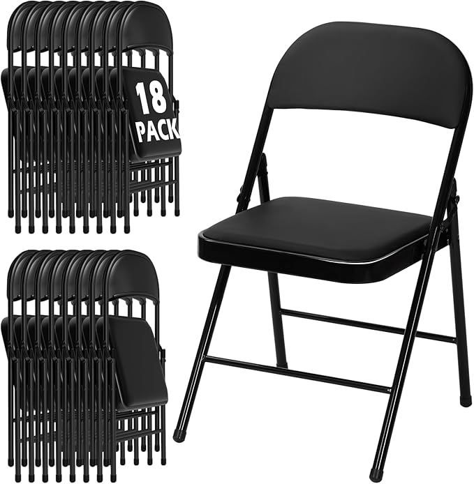 18 Pack Black Folding Chairs with Padded Cushion for Outside, Portable Stackable Commercial Metal Foldable Chairs with Steel Frame for Home Events Office Wedding Party, 350lbs Capacity