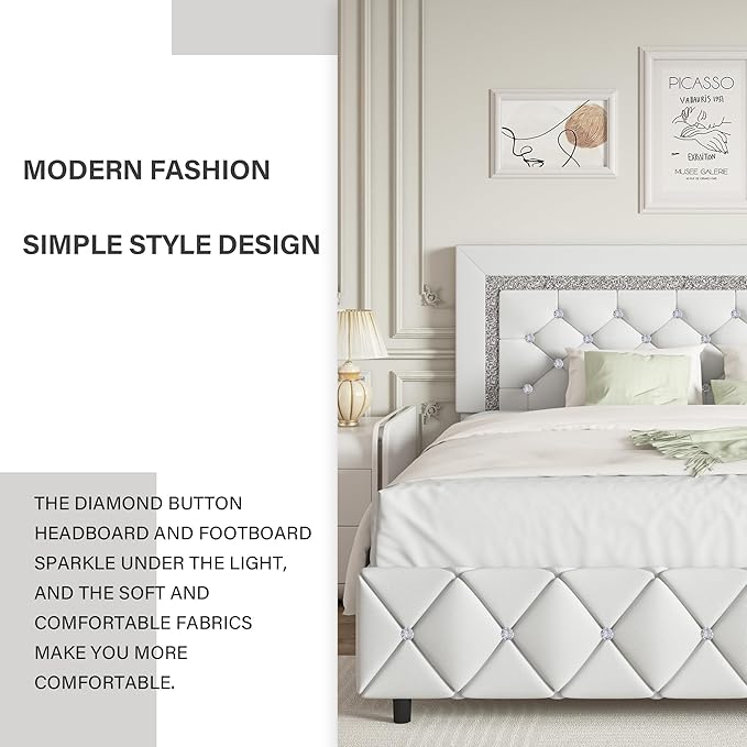 BarnFurin King Size Bed Frame and Headboard, Faux Leather Upholstered Bed with Diamond Tufted Design, Modern Platform Bed Frame with Wooden Slats Support, No Box Spring Required, Easy Assembly, White