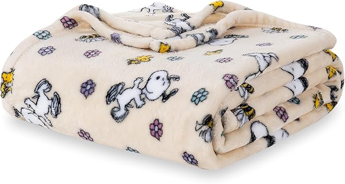 Berkshire Blanket Peanuts® VelvetLoft® Cute Character Snoopy Plush Blanket,Peanuts Woodstock Snoopy Spring Frolic Large Canvas,Full/Queen 90 in x 90 in (Official Peanuts® Product)