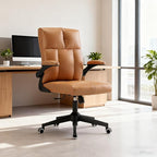 Ergonomic Office Desk Chair with Space Saving Flip-Up Arms, 360° Swivel & Reclining Back, High-Back Executive Chair in Soft Faux Leather for Office&Study (Brown)