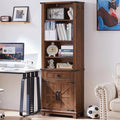 72in Tall Bookshelf 7 Tier Bookcase with Drawer and Barn Doors and Adjustable Shelves, Brown Farmhouse Book Shelf with Storage Cabinet, Wood Freestanding Display Bookshelves for Kitchen