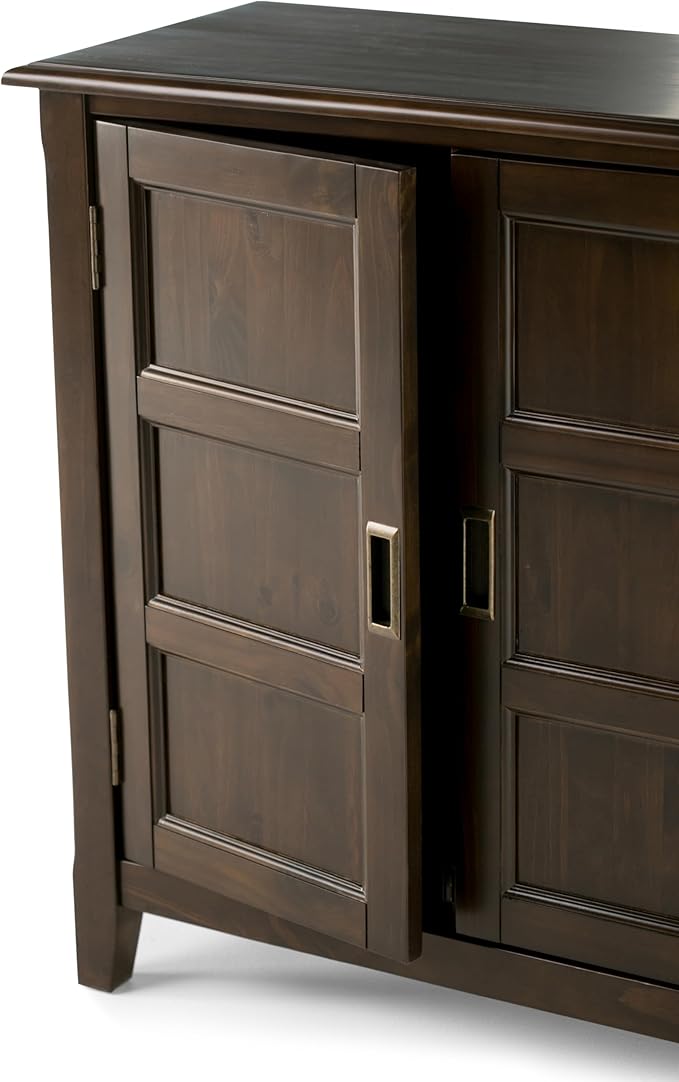 SIMPLIHOME Burlington SOLID WOOD 30 inch Wide Transitional Low Storage Cabinet in Mahogany Brown for the Living Room, Entryway and Family Room