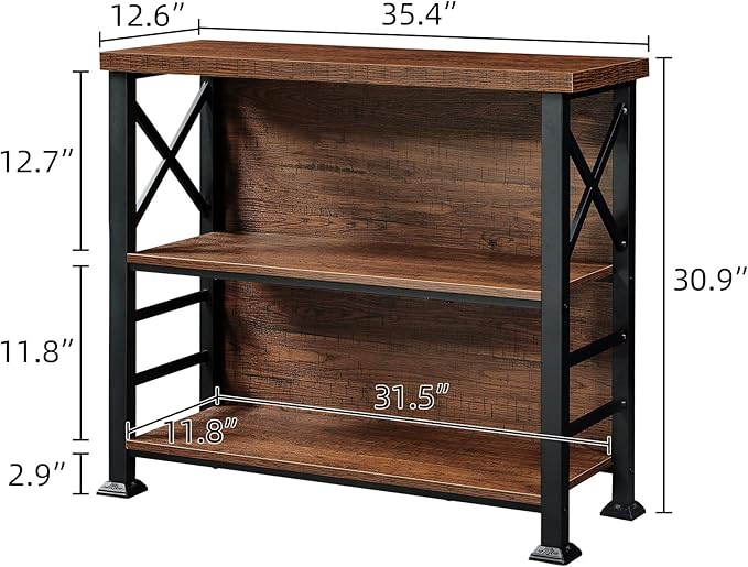 HOMBAZAAR Book Shelf,3 Tier Small Bookshelf with Metal Frame and Backboard,Rustic Brown Deep Bookcase with Engineered Wood Shelves,Short Shelf Bookcase for Living Room,Bedroom and Office