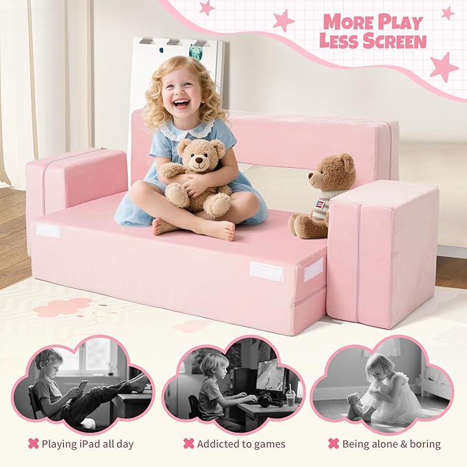 5 Pcs Modular Kids Play Couch, Toddler Couches That Fold Out, Plush Foam Chair for Children’s Playroom, Velvet Fabric Convertible Foam and Floor Cushion for Boys and Girls (Pink,02)