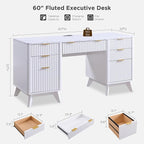 T4TREAM Fluted Executive Desk with Drawers, 60" Modern Home Office Computer Desk with Charging Station, File Cabinet, Keyboard Tray and Storage Cabinet for Study, Living Room, Bedroom, Solid White