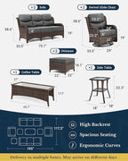 HILLGA Luxury Patio Furniture Set with 6-inch Thick Cushion, Outdoor Couch and High Back Swivel Rocker Patio Chairs, 8PCS Wicker Conversation Set for Deck Yard and Poolside, Dark Grey (V2)