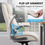 Ergonomic High-Back Executive Office Chairs, Heavy Duty Home Computer Chair with Lumbar Support, Flip-Up Arms, and PU Leather Upholstery, Beige