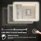 55X36 Inch Led Bathroom Mirror,Frontlit and Backlit Lighted Mirror,Gold Metal Frame Vanity Mirror for Wall,Double Lights Strips,Anti Fog Stepless 3 Colors Temperature & Dimmable
