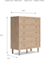 Signature Design by Ashley Cielden Contemporary Chest of Drawers with Textured Cane Details and 5 Drawers, Bronze Knobs, Wood, 52.48" High, Light Brown