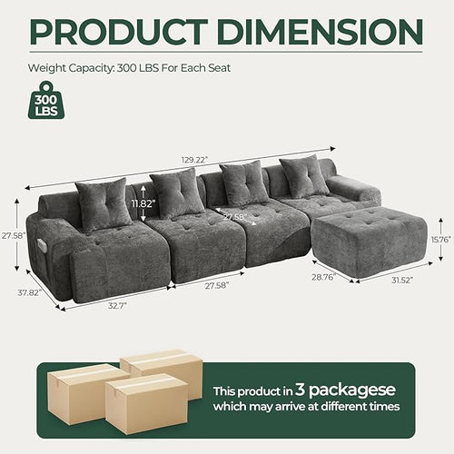 129.23”Modular Sectional Couch for Living Room, Modren L-Shape Cloud Sectional 4-Seater Sofa with Movable Ottoman, Woven Texture Upholstery Boneless Couch, No Assembly, Grey