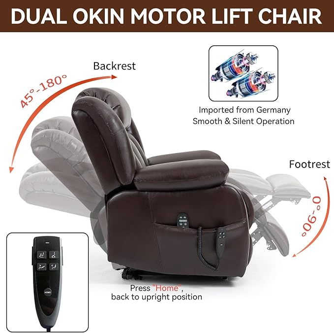 Luxlen Electric Power Lift Recliner Chair with Vibration Massage and Heat, Faux Leather Reclining Chairs for Elderly with Remote Controls, Side Pockets, Big and Tall Recliner, Brown