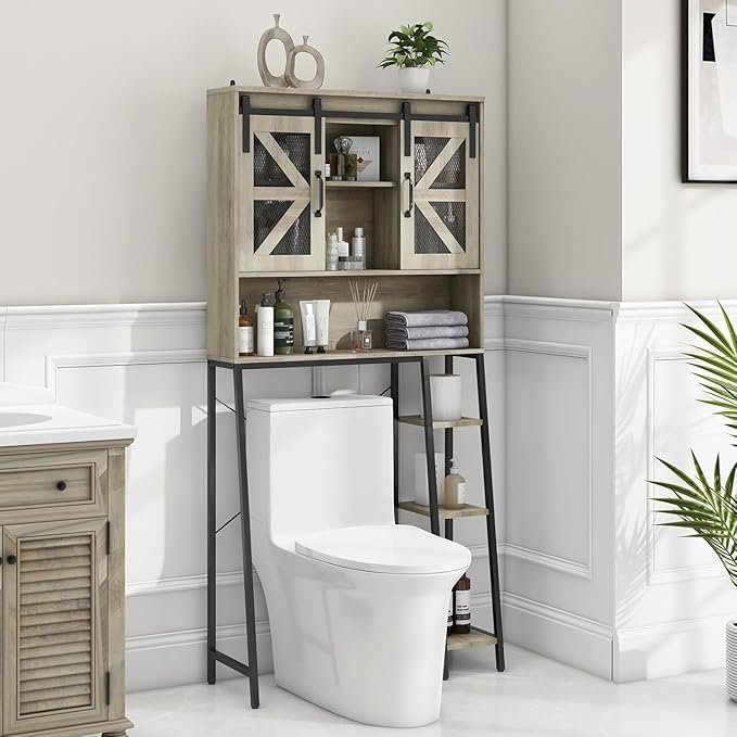 Over The Toilet Storage Cabinet, Farmhouse Storage Cabinet Over Toilet with 2 Sliding Barn Door，Home Space-Saving Toilet Rack, for Bathroom, Restroom, Laundry.(Grey)