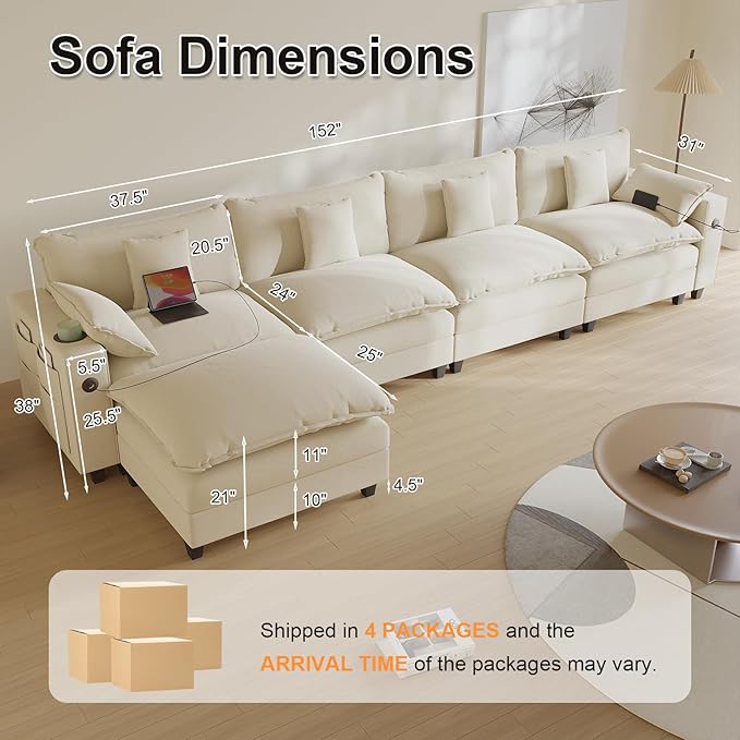 Cloud Couch, Modular Sectional Sofa with Ottoman, Charging Station, Throw Pillows, Cup Holders, Modern Convertible L Shaped Couches for Living Room, Bedroom (White, 152"- L Shape)