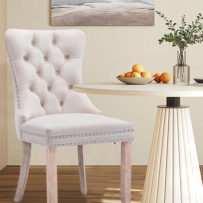 Velvet Upholstered Dining Chairs Set of 2, Modern Style Kitchen Side Chairs with Nailhead Trim and Wood Legs,Metal Pulling Ring for Dining Room Living Room(Beige,Set of 2)