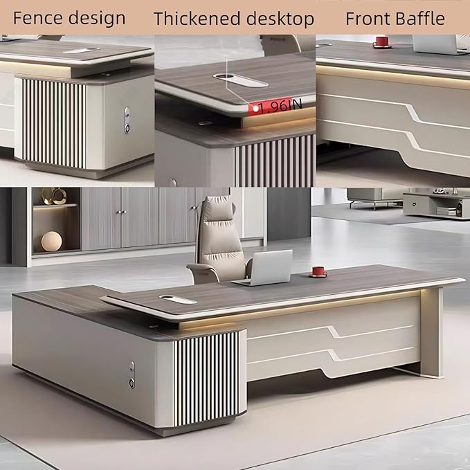 86IN Executive Office Desk - Large Office Desk L Shaped Computer Desk with 2 Drawers & Grille Design | Thickened Countertop & Large Capacity Side Cabinet Storage & Metal Cabinet Handle