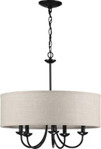 Progress Lighting Drum Shade Collection Five-Light Chandelier, Farmhouse Style Hanging Ceiling Light Fixture for Dining Rooms, Foyers, Harvest Linen Shade, Matte Black