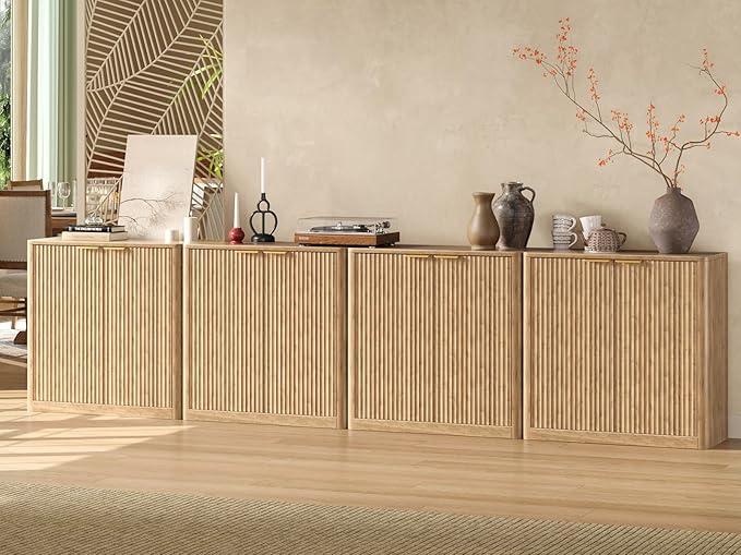 Evermagin 126" Oak Buffet Cabinet with Storage, Large Sideboard Cabinet, Boho Accent Credenza, Fluted Console Table with Doors for Dining Room, Kitchen, and Living Room