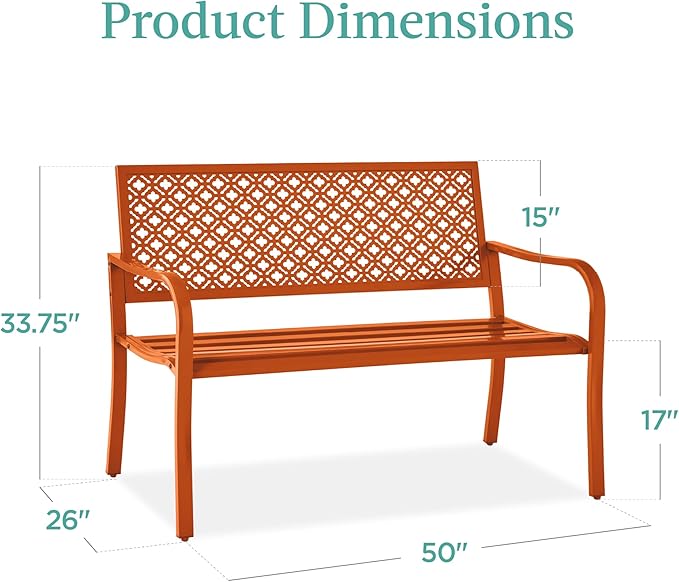Best Choice Products Outdoor Bench 2-Person Metal Steel Benches Furniture for Garden, Patio, Porch, Entryway w/Geometric Backrest, 790lb Capacity - Carrot