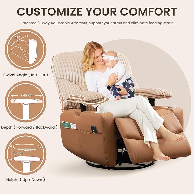 GRAINELL Rocking Chair Nursery, Electric Swivel Recliner Glider with Adjustable Armrests, Nursing Chair with USB Charger, Cup & Blanket Holders, Brown Corduroy & PU Leather