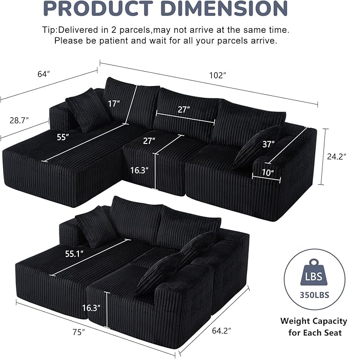 102" Modern Modular Sectional Sofa,Cloud Sectional Couch with Chaise,Deep Seat Boneless Sofa,Comfy Upholstered L-Shape Couch for Living Room,No Assembly Required,Black