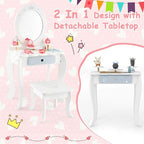 HONEY JOY Kids Vanity, Toddler Wooden Makeup Vanity Table & Chair Set, 10 Pcs Pretend Play Dressing Accessories Toy, Tri-Fold Princess Mirror, Little Girls Vanity Set with Mirror and Stool, White