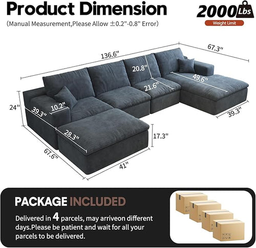 136.6'' U-Shaped Modern Modular Sectional Cloud Couch Whit Ottoman, 4-Seat Chenille Deep-Seat Sofa with Pillow for Living Room, Bedroom, Apartment, Ocean Blue