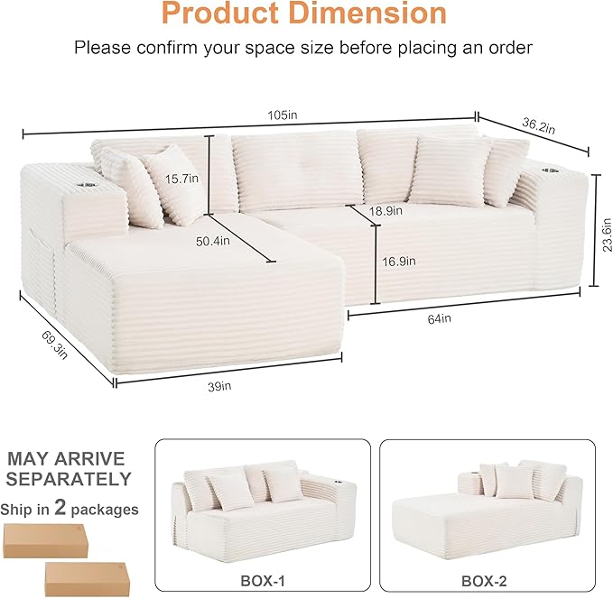 Modular Sectional Sofa, L Shaped Comfy Cloud Couch with Deep Seat, Boneless Couch for Living Room, Modern Sectional Sleeper with Chaise, No Assembly Required, Sofa in A Box, Beige Corduroy