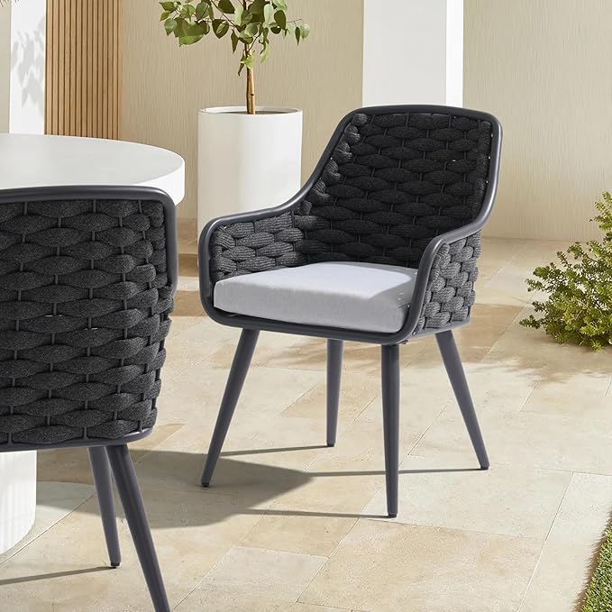 SUNSITT Outdoor Dining Chairs Set of 2, Metal Outdoor Patio Dining Chairs with Weather-Resistant Cushions, Woven Rope Chairs Outdoor with Armrest Dark Grey Outdoor Furniture Chairs for Backyard