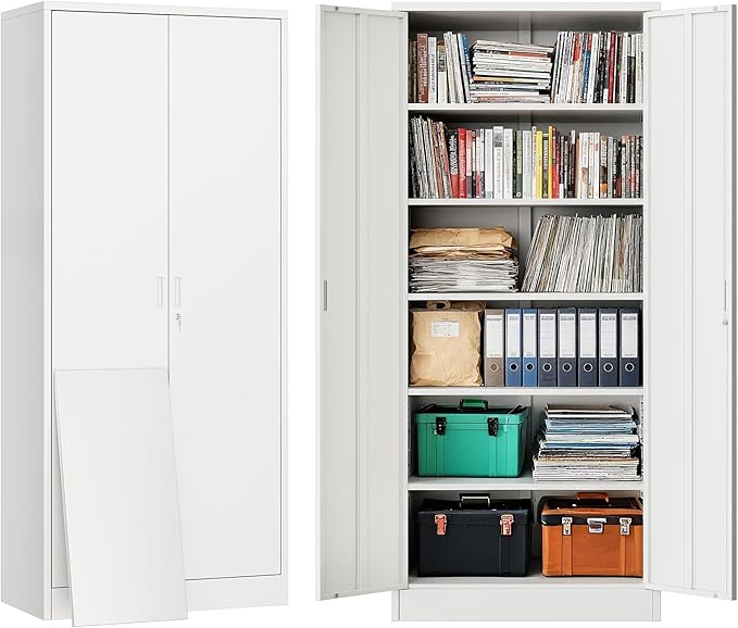 BESFUR Metal Cabinet with 5 Adjustable Shelves and 2 Doors, Locking Storage Cabinet for Garage, Classroom and Office -White