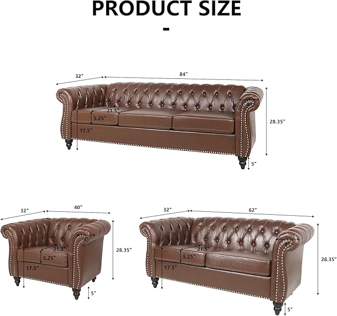 2 Piece Living Room Furniture Set, Faux Leather Loveseat and Chair Set, Mid Century Modern Upholstered Sofa Couch with Cushions, Vintage Comfy Tufted Chesterfield Couches for Bedroom, Office (Brown)