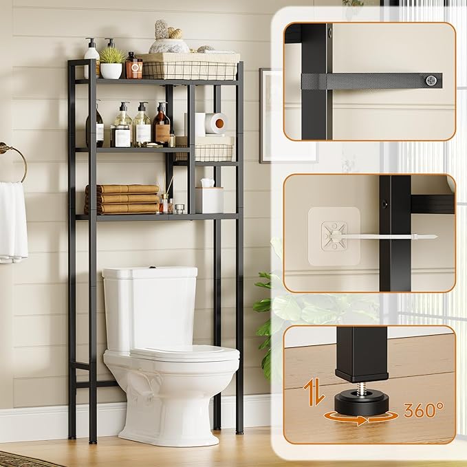 Over The Toilet Storage Rack, 3-Tier Bathroom Organizer Over Toilet, Wooden Above Toilet Storage Shelf, Space Saver, Freestanding Bathroom Storage Metal Shelf, Easy to Assemble, Black