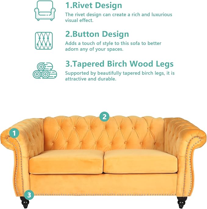 Velvet Sofa Couches Set, 3-Piece Mid Century Modern Upholstered Couch with Cushions, Home Sofa Sectional Furniture Sets, Comfy Tufted Chesterfield Couches for Living Room, Bedroom, Office